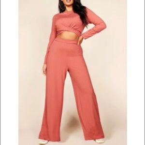 2piece rib halter crop top wide leg pants set Rose